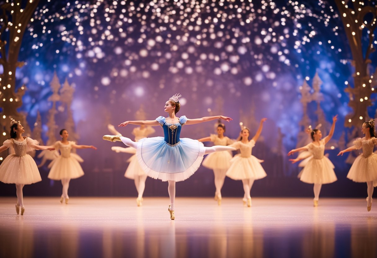 The Nutcracker's enchanted world comes to life with swirling snowflakes, twinkling lights, and a grand ballroom filled with elegant dancers and mesmerizing music