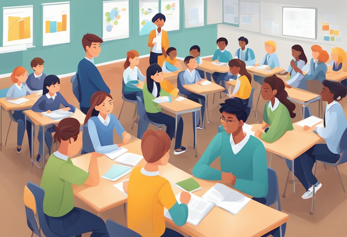 Students engage in group activities, showing cooperation and autonomy. The teacher guides them through challenges, fostering a sense of industry and competence