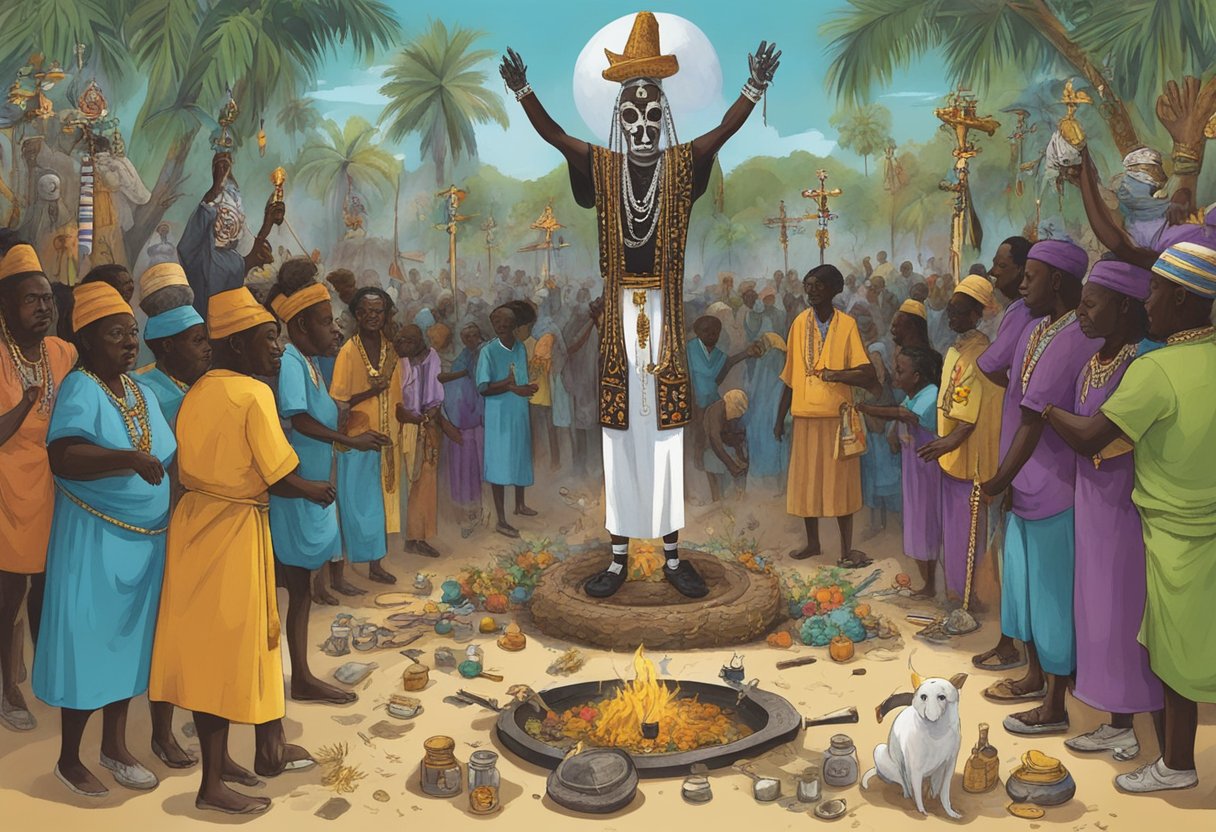 A voodoo ritual in Haiti, with Papa Legba at the center, surrounded by celebrants and symbols of the tradition