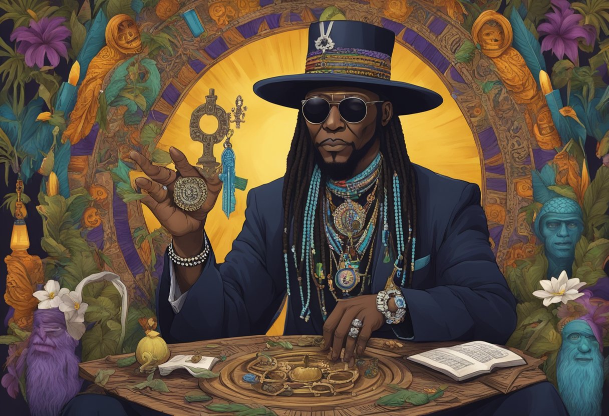 An illustration of Papa Legba, a key figure in Haitian voodoo, surrounded by symbolic elements and offerings, evoking the mystical and spiritual nature of the tradition