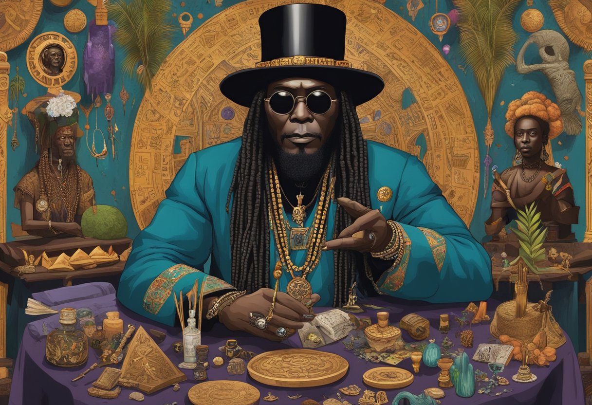 Papa Legba, a key figure in Haitian voodoo, surrounded by ritual items and symbols, with celebratory activities and film-inspired depictions in the background