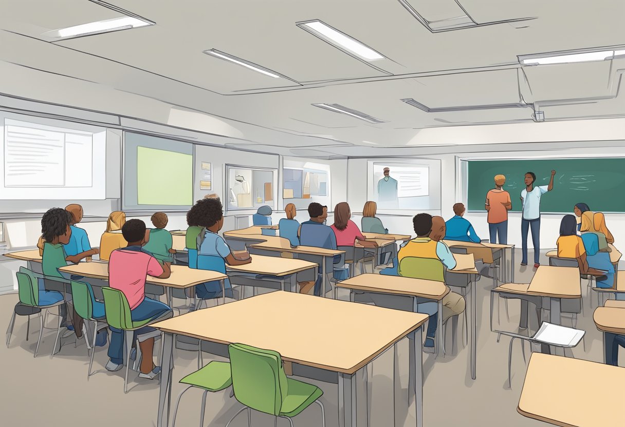 A classroom with diverse learning activities and group discussions, reflecting stages of Erikson's theory. Emphasis on social interaction, autonomy, and industry