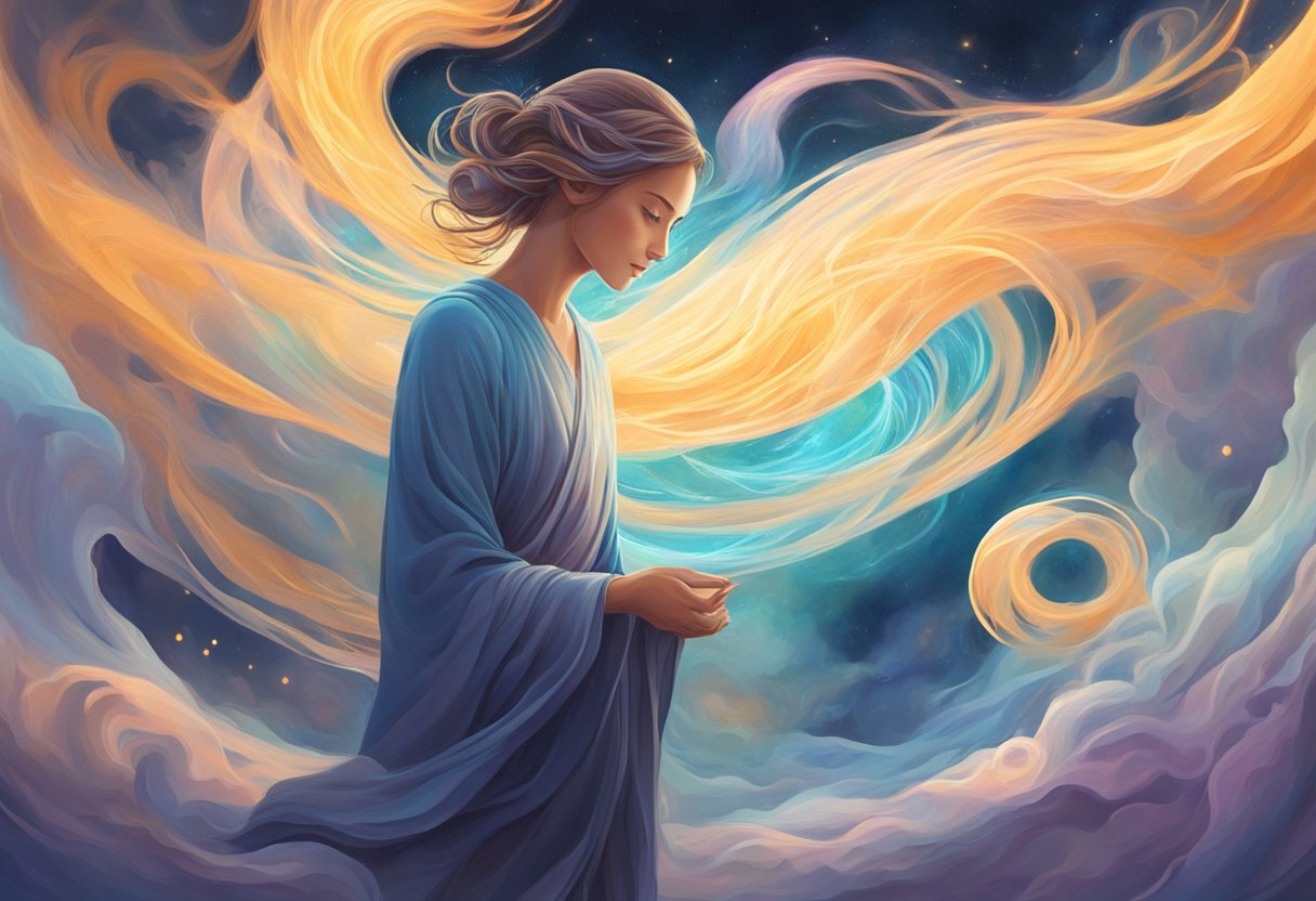 A serene figure surrounded by swirling energy, with a sense of mental connection and communication. The atmosphere is calm and otherworldly, with a hint of mystery and wonder