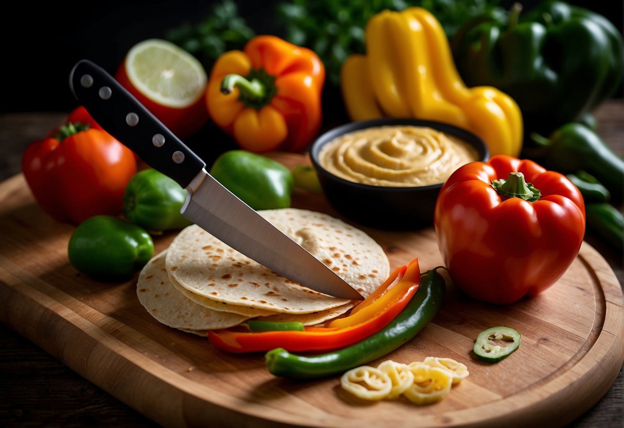 Fresh vegetables arranged on a cutting board, with tortillas and hummus nearby. A knife is slicing through a bell pepper