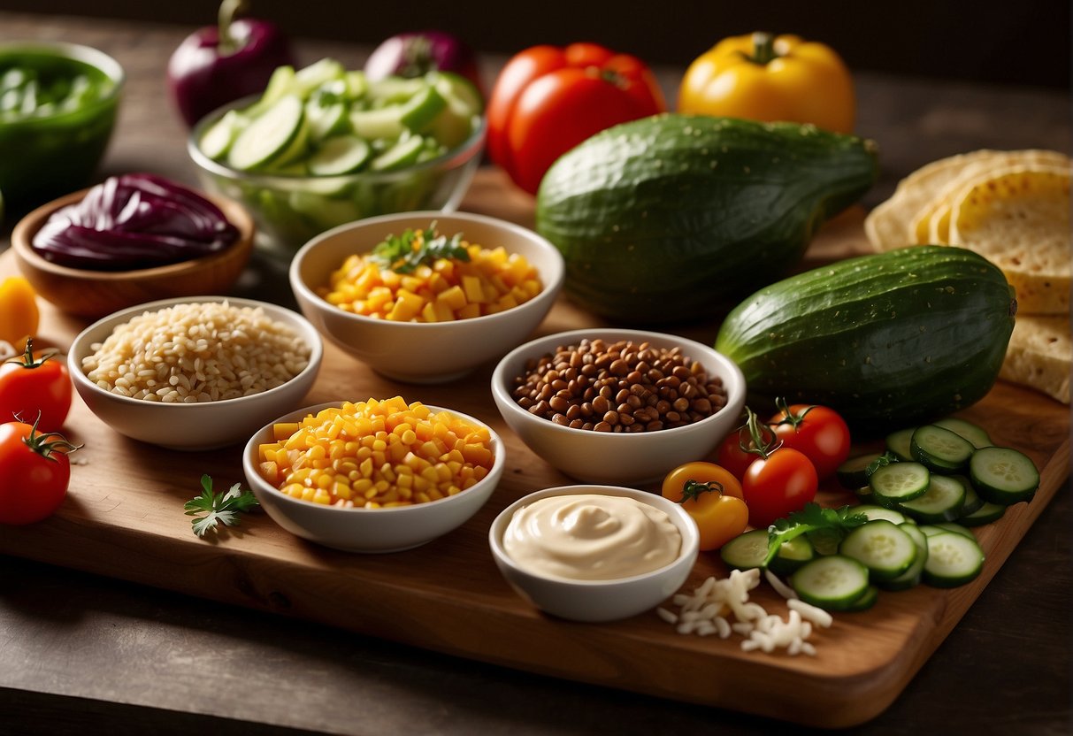 Fresh vegetables arranged on a cutting board, whole grain tortillas, and a variety of flavorful sauces and spreads displayed on a kitchen counter