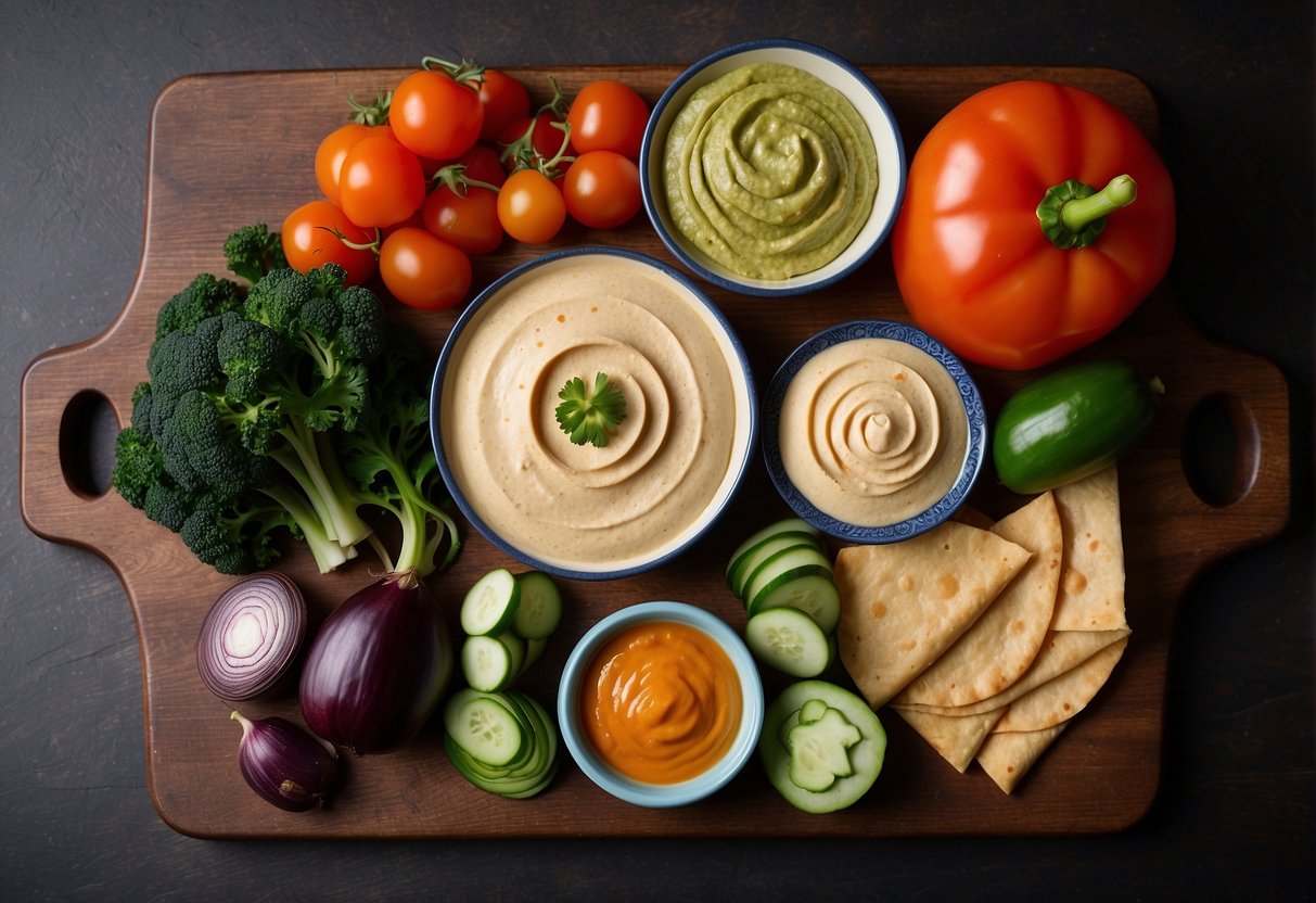 Fresh vegetables, tofu, and hummus spread laid out on a wooden cutting board. Colorful tortillas ready to be filled