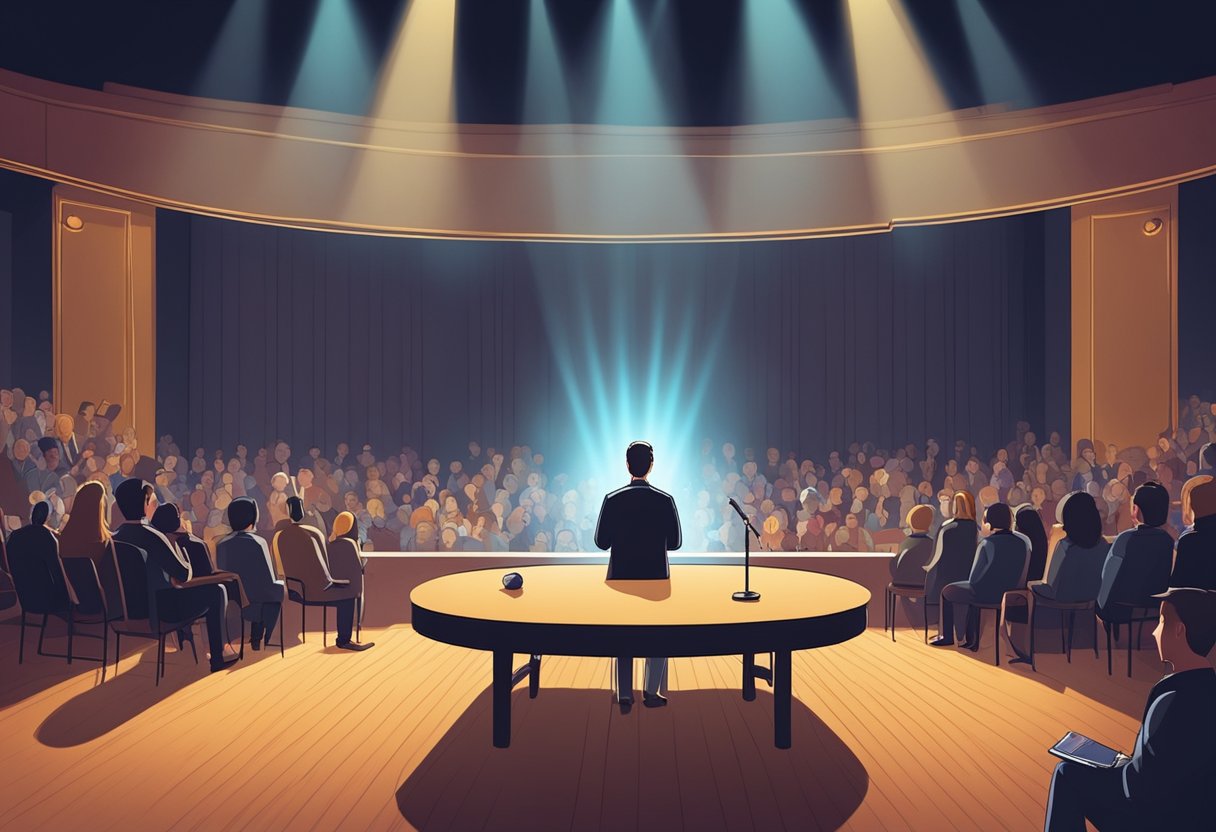 A stage with a spotlight shining on a table with various objects. A person's mind is being tested for telepathic abilities in front of an audience