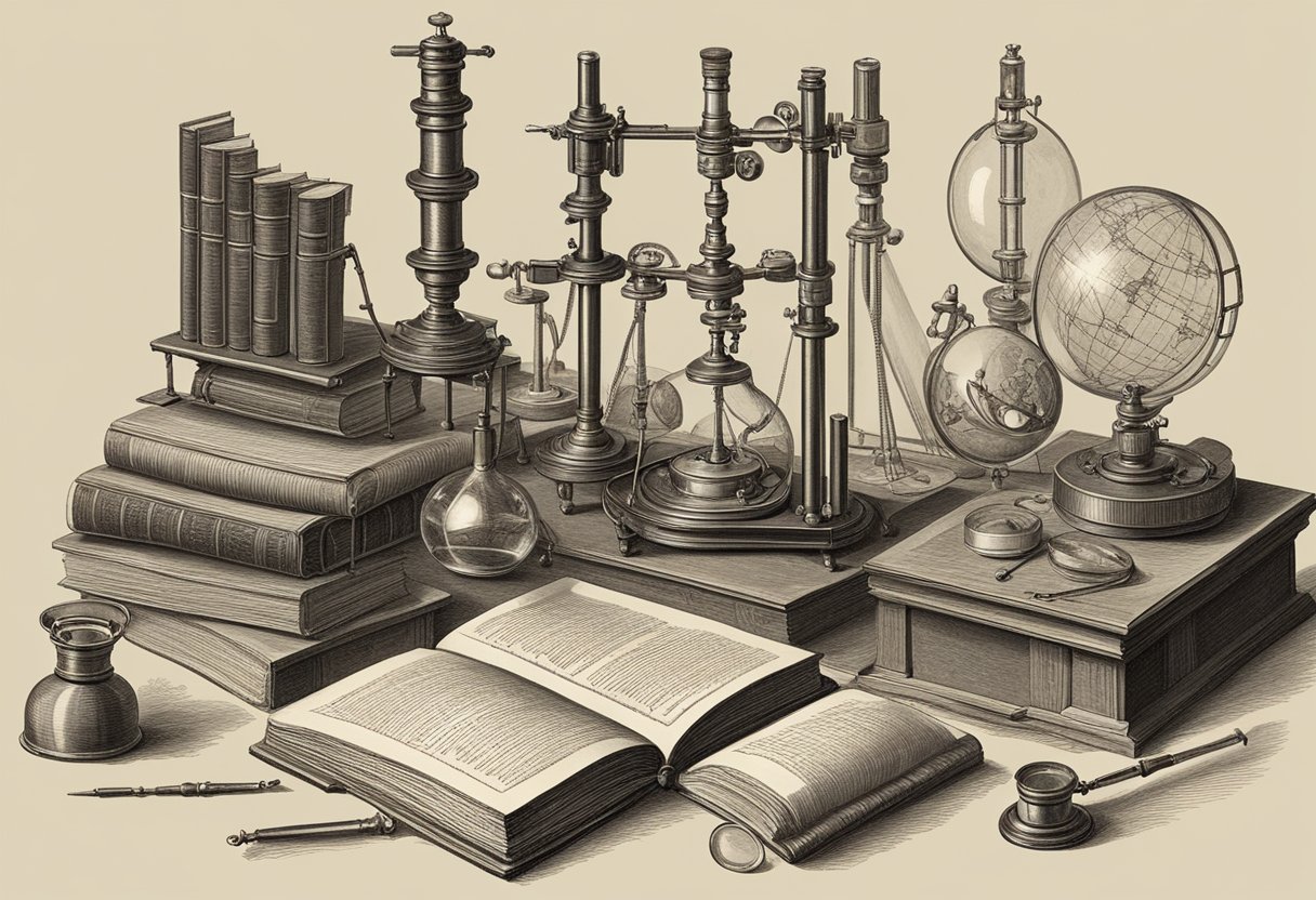 A table with various scientific instruments, including a Ganzfeld apparatus, surrounded by books on telepathy and historical experiments