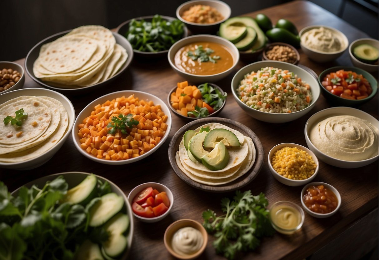 Fresh vegetables and tortillas laid out on a clean counter, with bowls of hummus and other fillings nearby. Wraps are being rolled and stored in airtight containers for later consumption