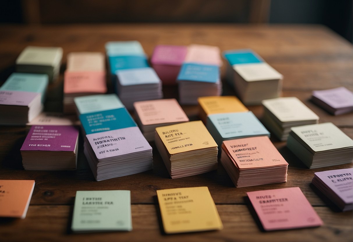 A stack of colorful affirmation cards arranged neatly on a wooden table, surrounded by soft, natural lighting