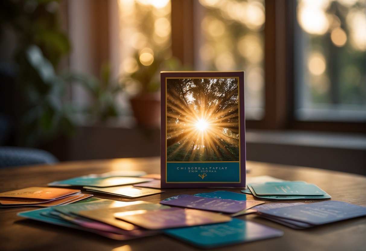 A collection of affirmation cards spread out on a table, with vibrant and uplifting designs. Light streams in through a nearby window, casting a warm glow on the cards