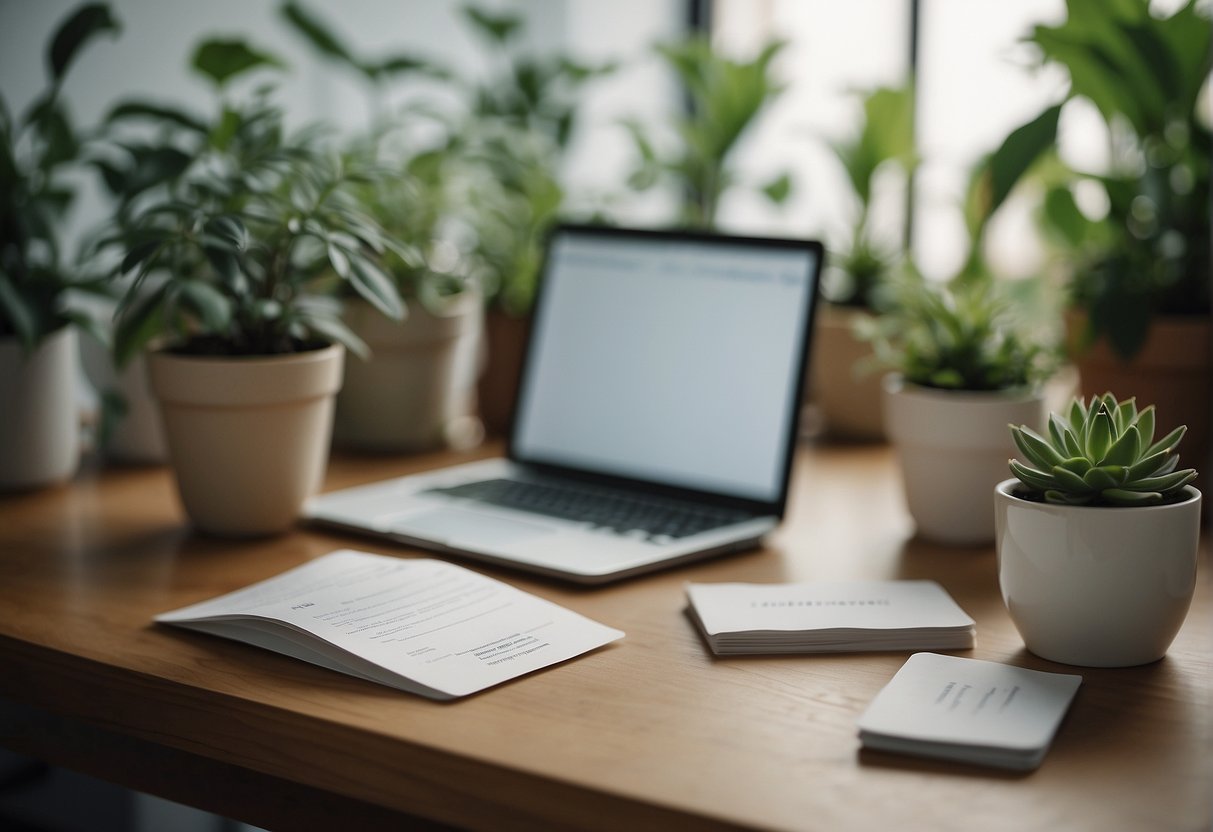 A person sitting at a peaceful desk, surrounded by plants and natural light, holding affirmation cards and smiling