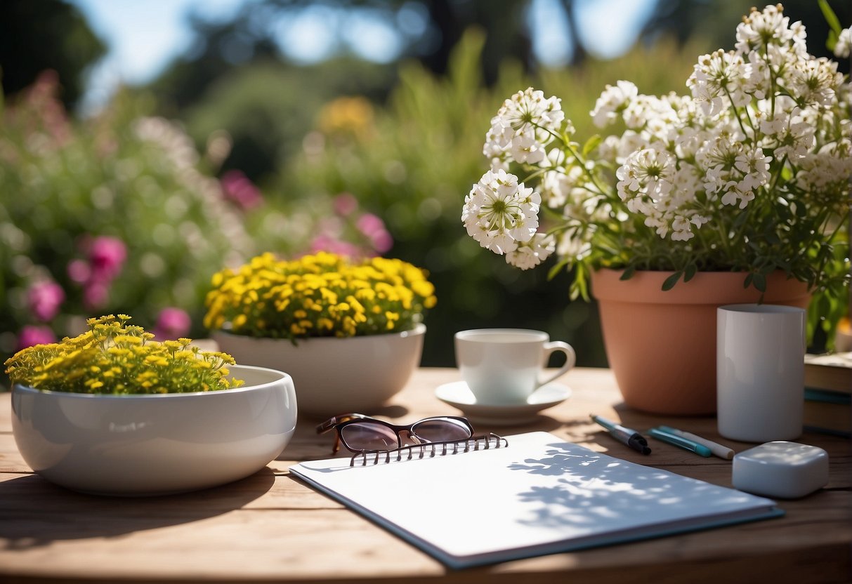 A peaceful garden with blooming flowers and a clear blue sky, with a table set up for creating affirmation cards, surrounded by art supplies and a notebook for writing positive messages