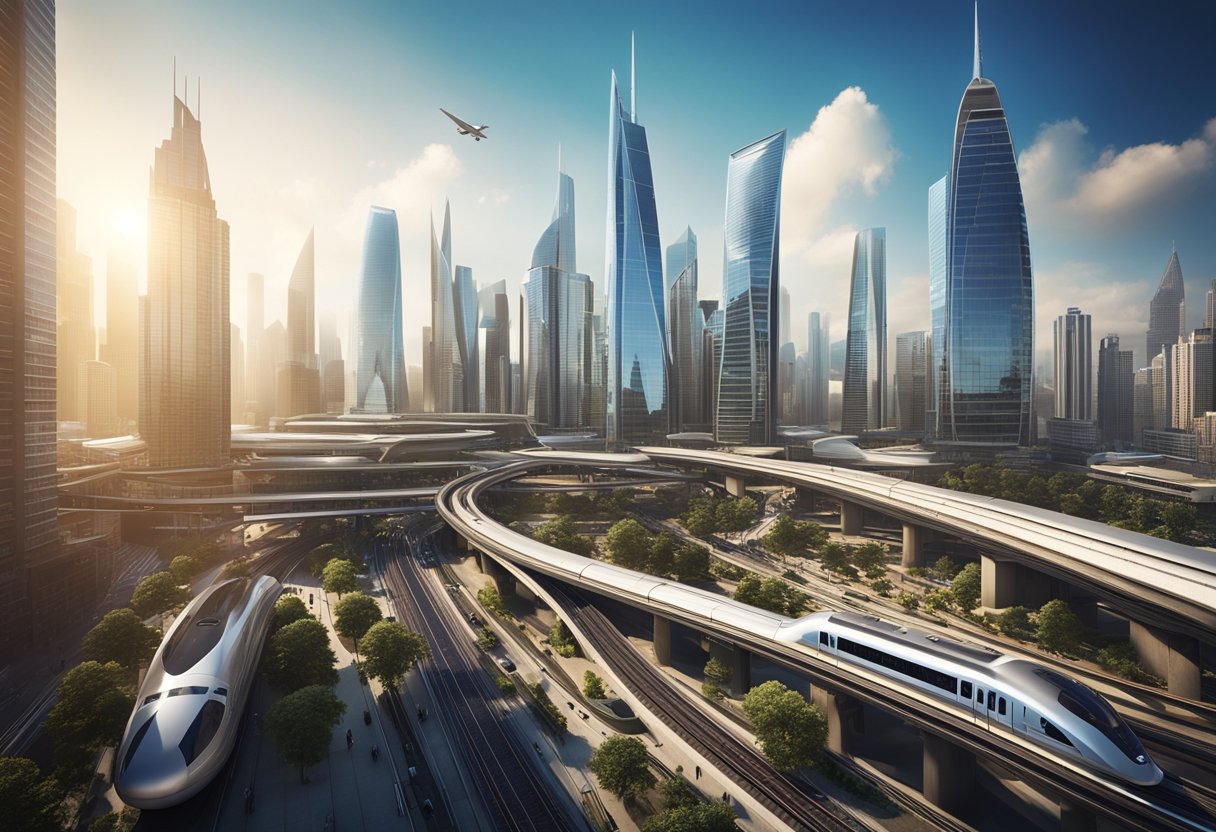 A bustling cityscape with futuristic skyscrapers, high-speed trains, and advanced technology. A diverse workforce collaborates in modern offices and research facilities