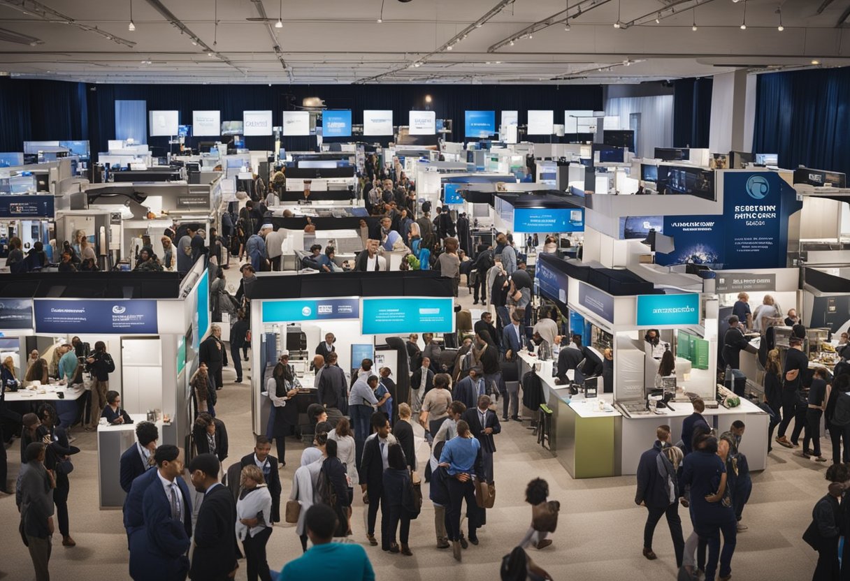 A bustling job fair with diverse booths and eager job seekers, showcasing the variety of industries and opportunities in the USA job market 2024