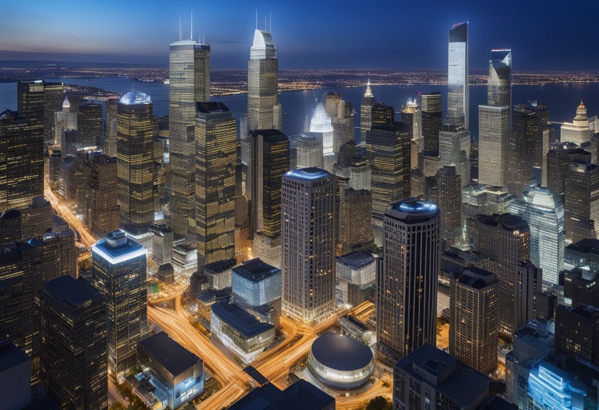 A bustling cityscape with skyscrapers and various industries such as technology, healthcare, finance, and manufacturing, showcasing the diverse employment opportunities in the USA for 2024