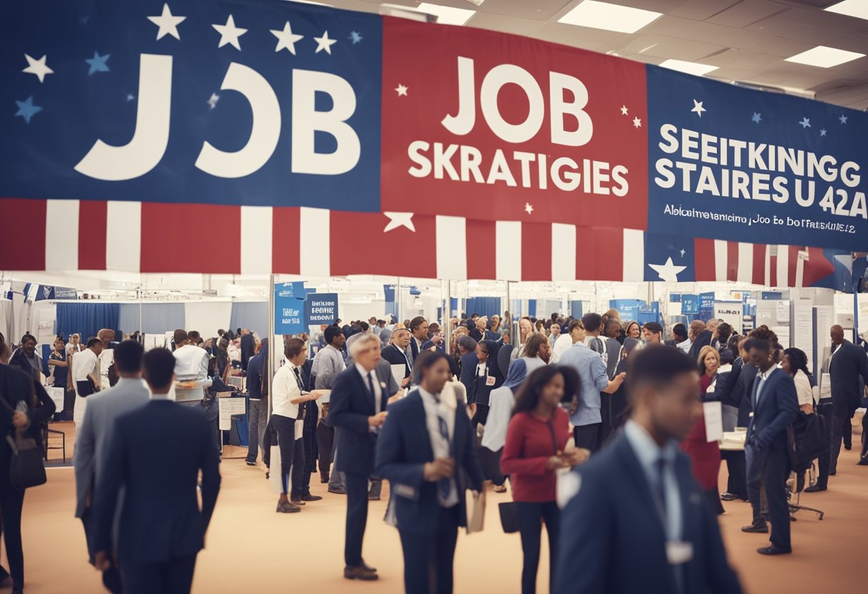 A bustling job fair with booths and eager candidates, a sign reading "Job Seeking Strategies USA Jobs 2024" hangs overhead