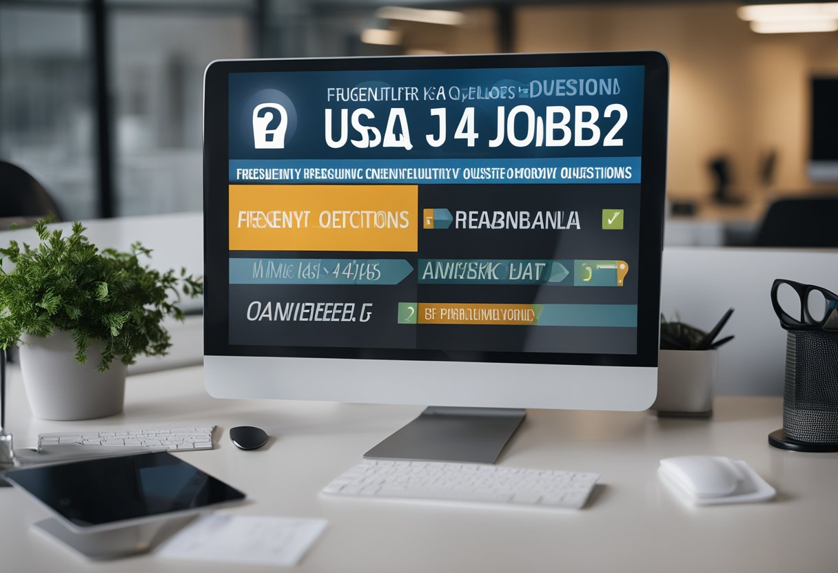 A computer screen displaying "Frequently Asked Questions USA Jobs 2024" with a list of questions and answers, surrounded by a clean and modern office desk setting