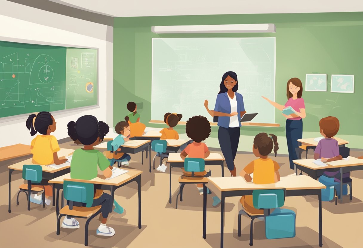 A classroom with students engaged in various self-regulation activities, while a teacher observes and tracks their progress
