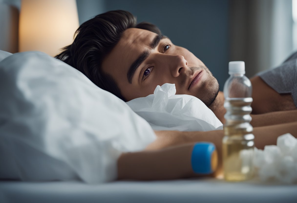 A person lying in bed, surrounded by tissues and a bottle of water, with a pained expression on their face