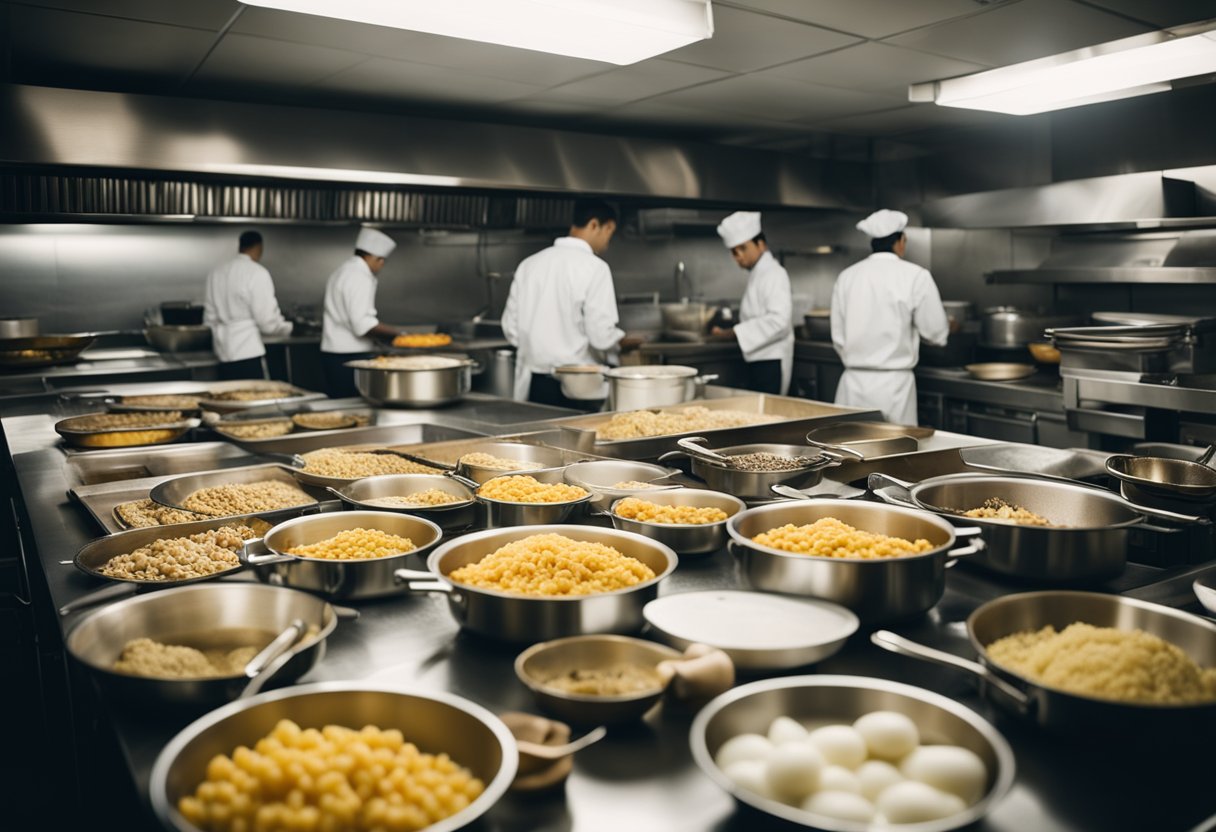 A crowded kitchen with contaminated food and dirty utensils, leading to an outbreak of gastroenteritis among the diners