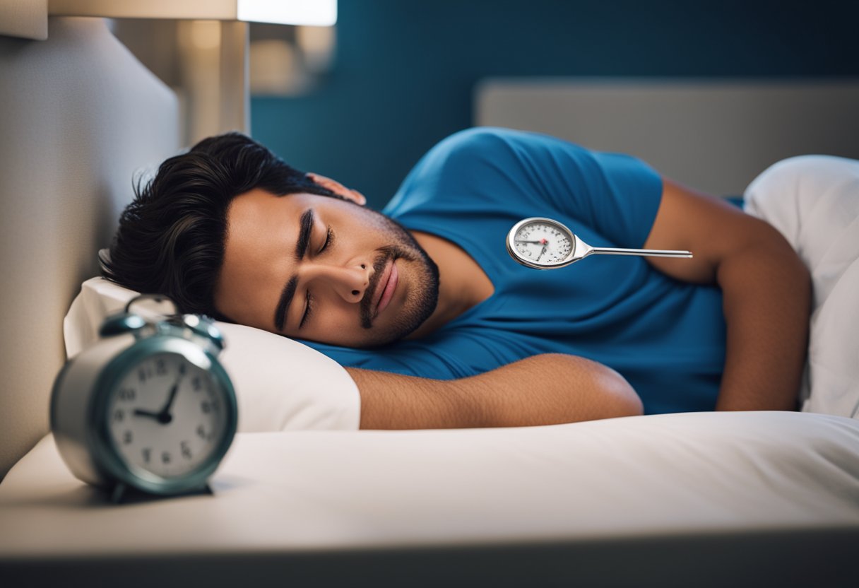 A person lying in bed with a thermometer in their mouth, a glass of water on the bedside table, and a trash can nearby