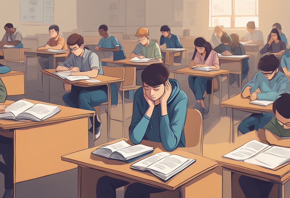 A despondent student sits alone, surrounded by mocking words and cruel gestures from unseen peers, while their academic achievements fade into the background