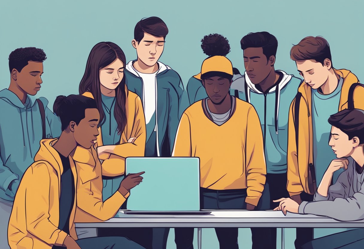 Students huddled together, one looking distressed while others whisper and point. Digital devices are visible, reflecting negative messages