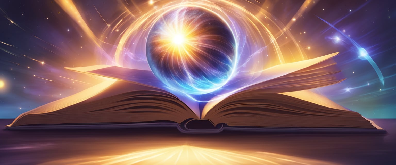 A glowing orb hovers above an open book, surrounded by swirling energy. Rays of light extend outwards, illuminating the space with a sense of power and possibility
