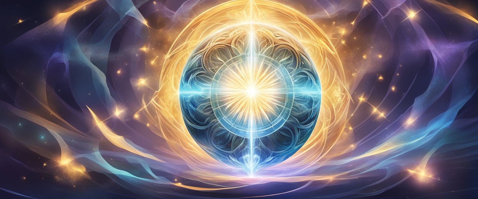 A glowing orb emitting rays of light, surrounded by swirling energy and symbols, representing the power of intention and belief