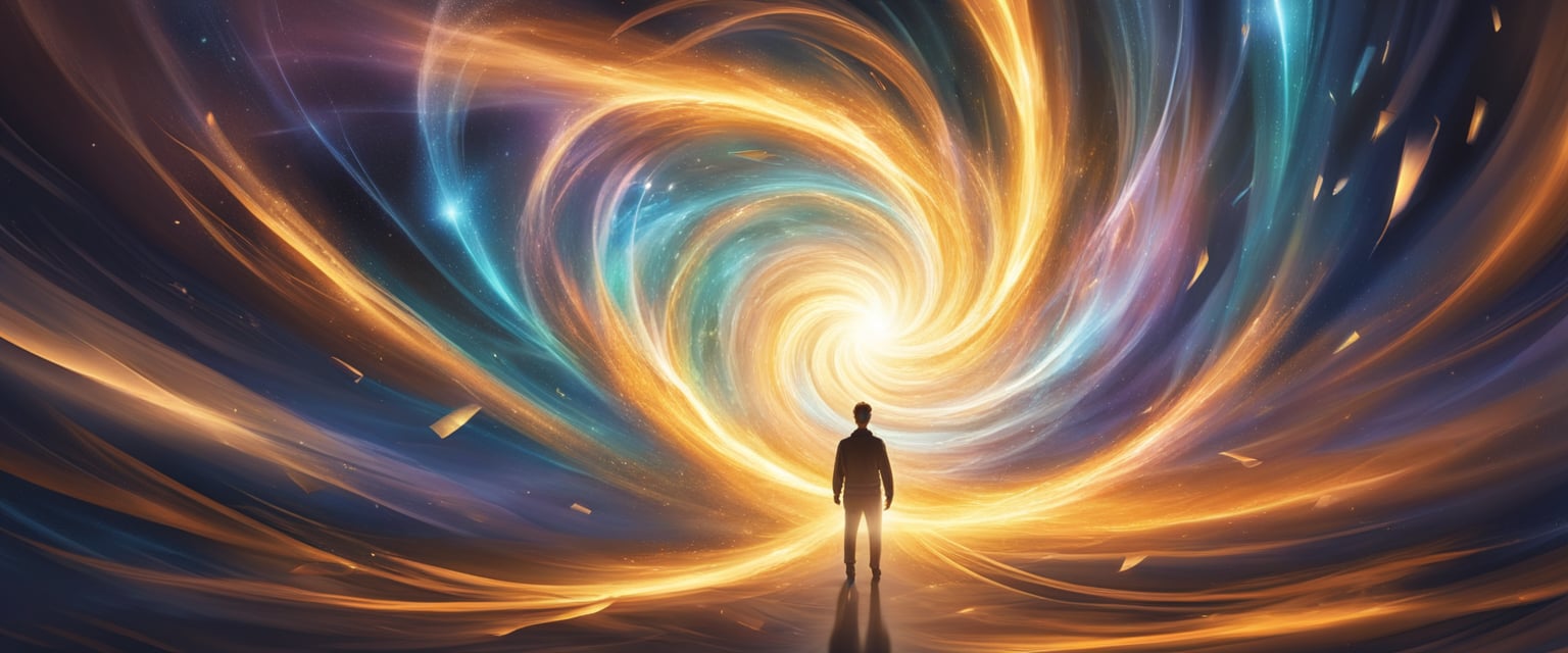 A bright light illuminates a swirling vortex of energy, radiating power and intensity. Surrounding it, symbols and shapes dance in a mesmerizing display of manifestation