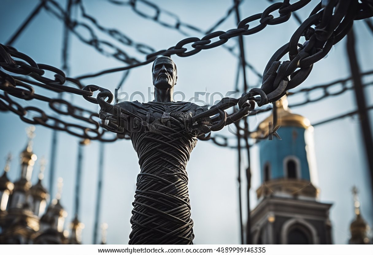 A towering, menacing figure looms over a web of tangled chains, symbolizing the oppressive grip of Russian injustice