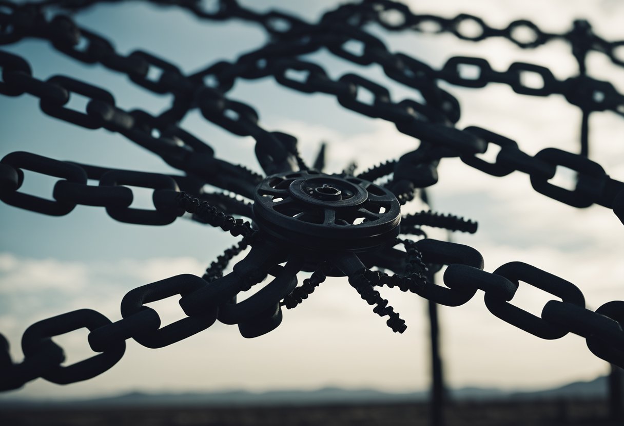 A massive, coiled web of chains and gears, entangled and oppressive, casting dark shadows over a desolate landscape