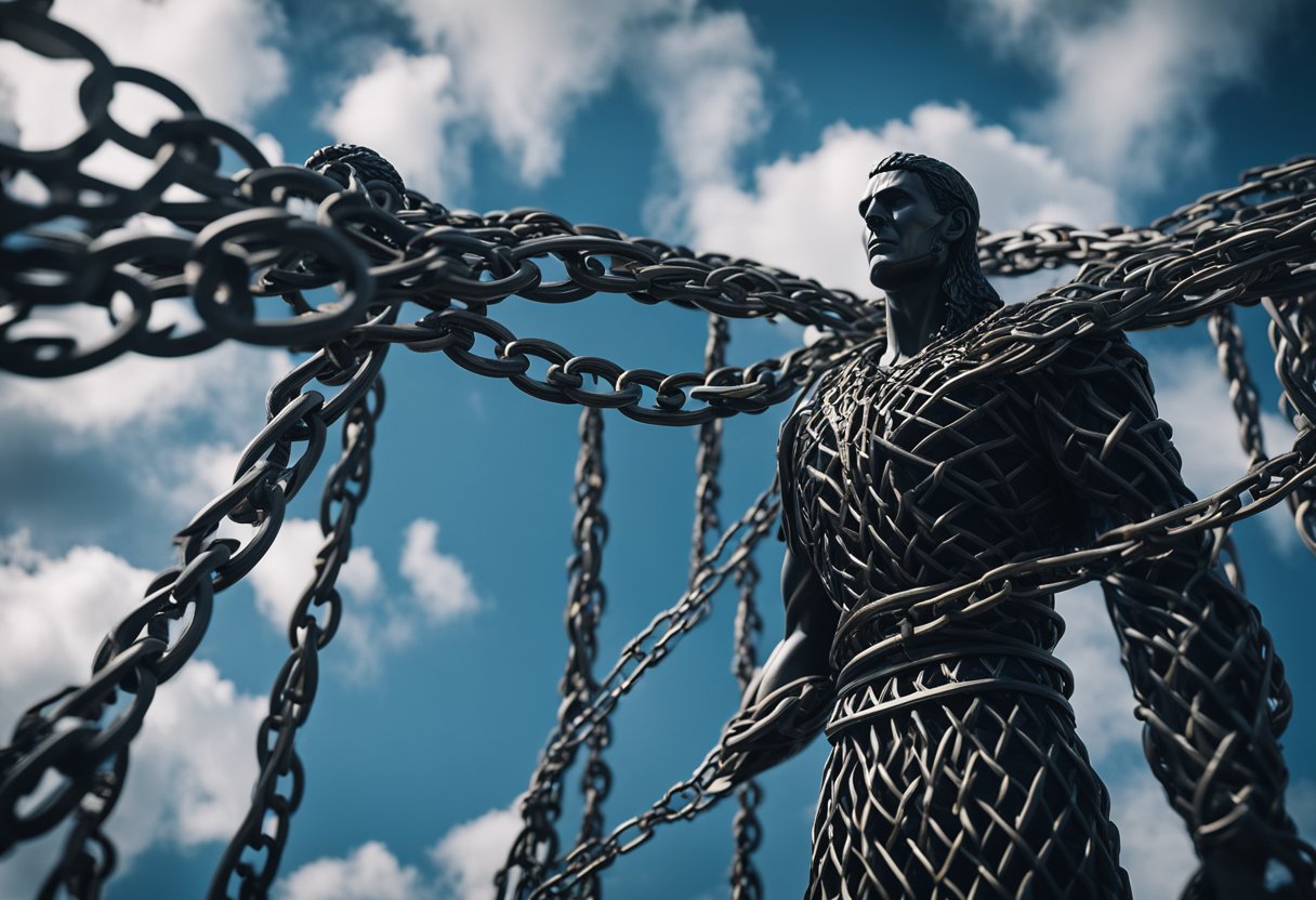 A towering, imposing figure looms over a web of tangled chains, symbolizing the oppressive force of Russian injustice