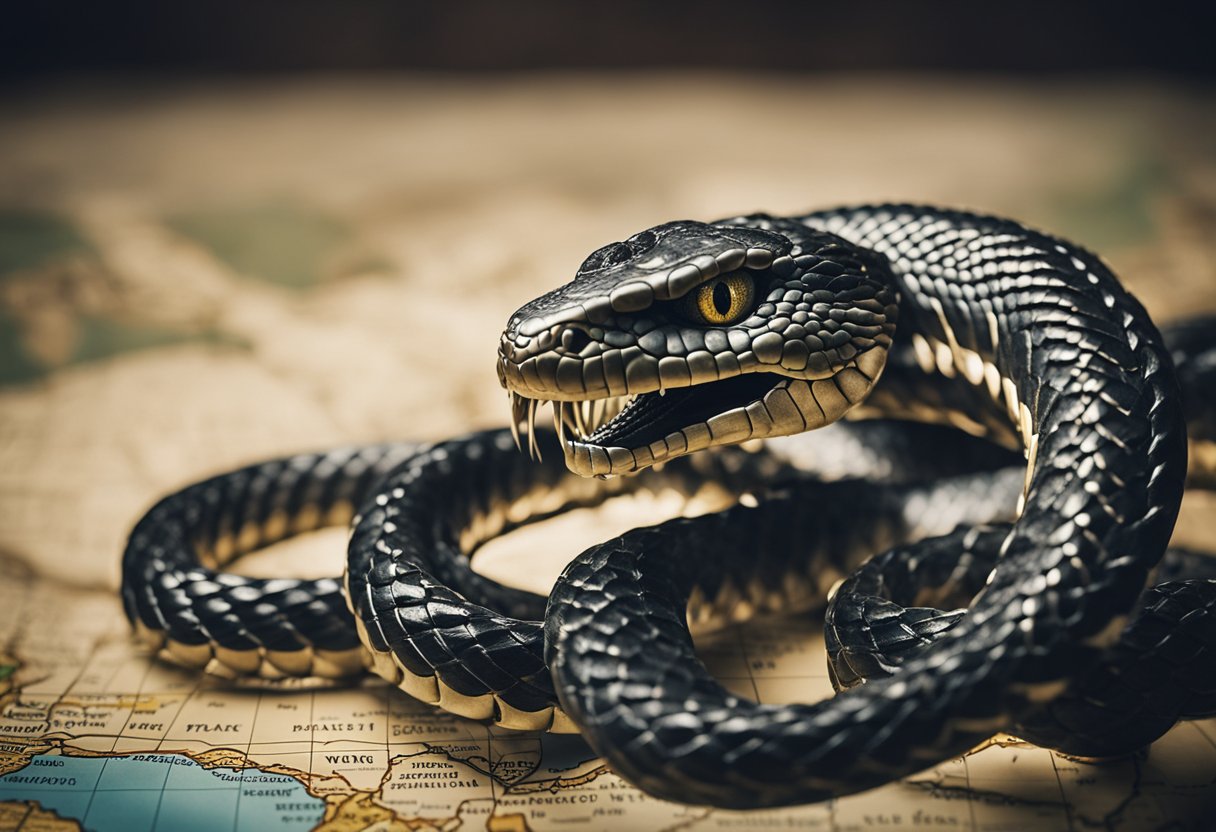 A massive, coiled serpent with sharp, menacing eyes, entwined in a web of broken chains and barbed wire, looming over a map of the world