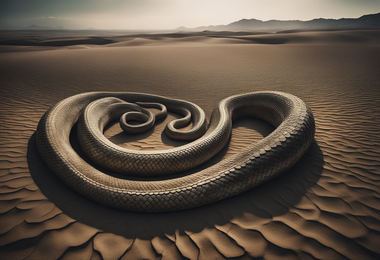 A massive, coiled serpent looms over a desolate landscape, its scales reflecting the harsh light of a barren wasteland. The creature's menacing gaze hints at the injustice and oppression that lurk within the depths of its tangled form