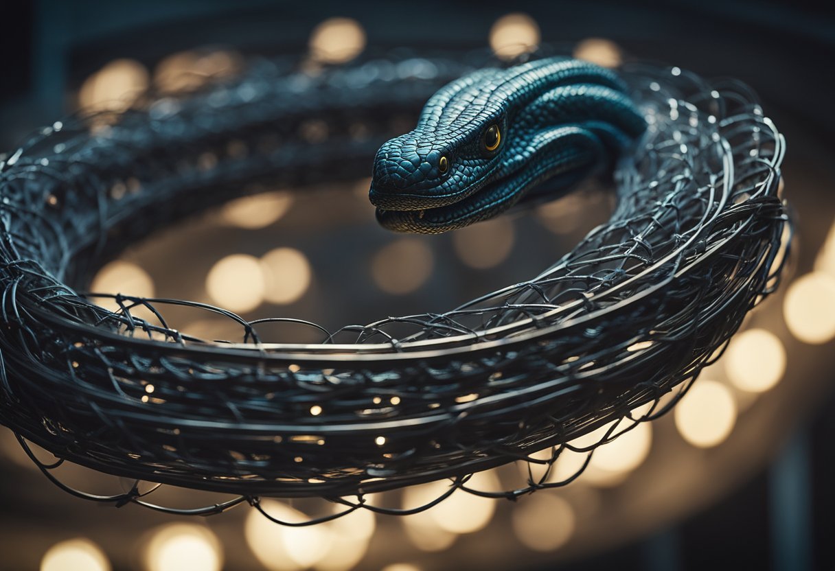 A massive, coiled Leviathan looms over a web of tangled injustice, its scales gleaming in the dim light. The web stretches out in all directions, ensnaring the innocent and the guilty alike