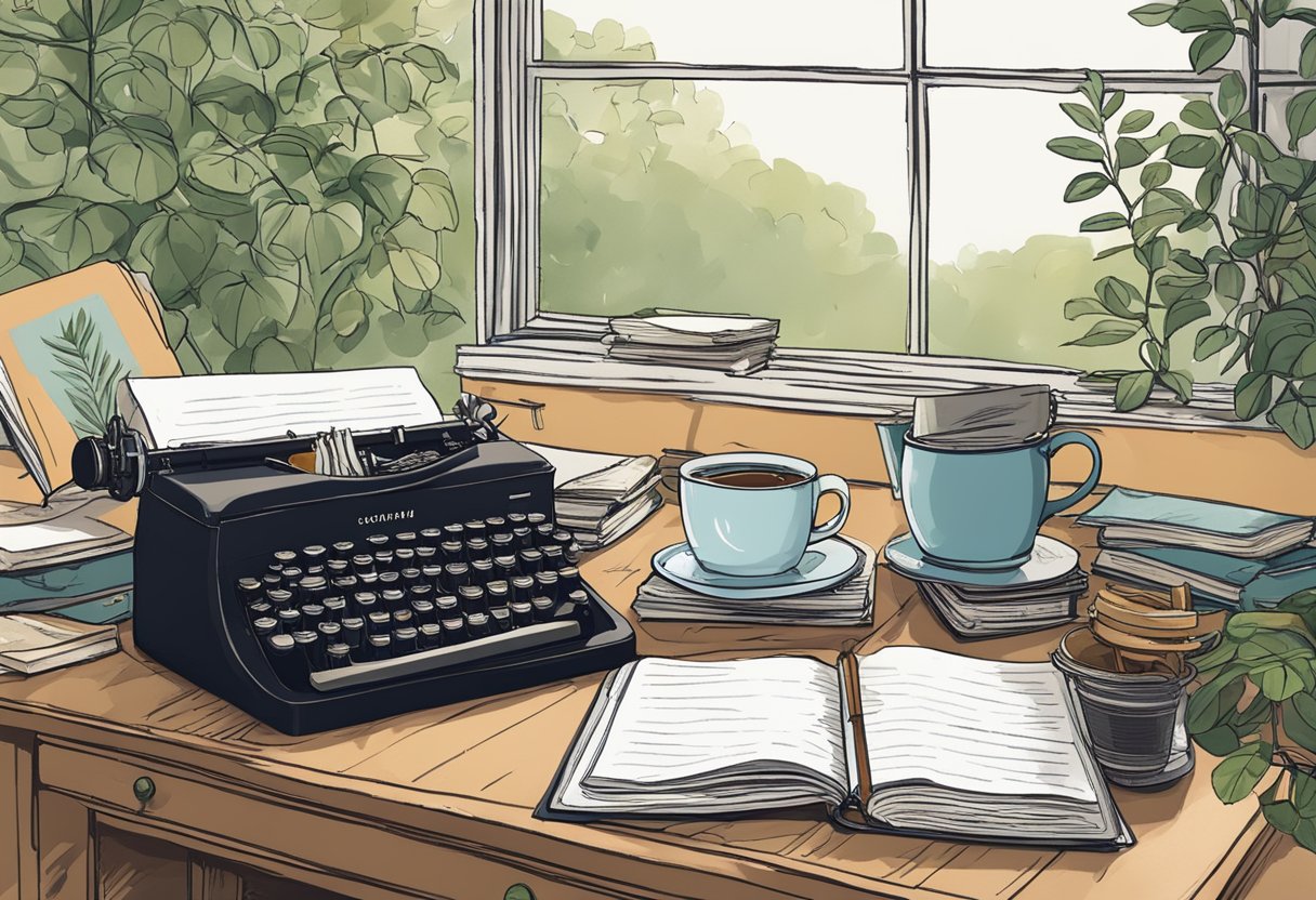 A Cluttered Desk With A Stack Of Old Journals, A Worn-Out Typewriter, And A Cup Of Coffee. A Window Overlooks A Peaceful Garden, Inspiring Thoughts Of Past Experiences To Write About