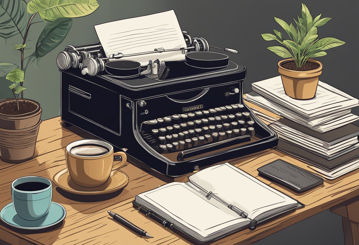 A Stack Of Memoirs On A Wooden Desk, Surrounded By A Vintage Typewriter, A Cup Of Coffee, And A Potted Plant