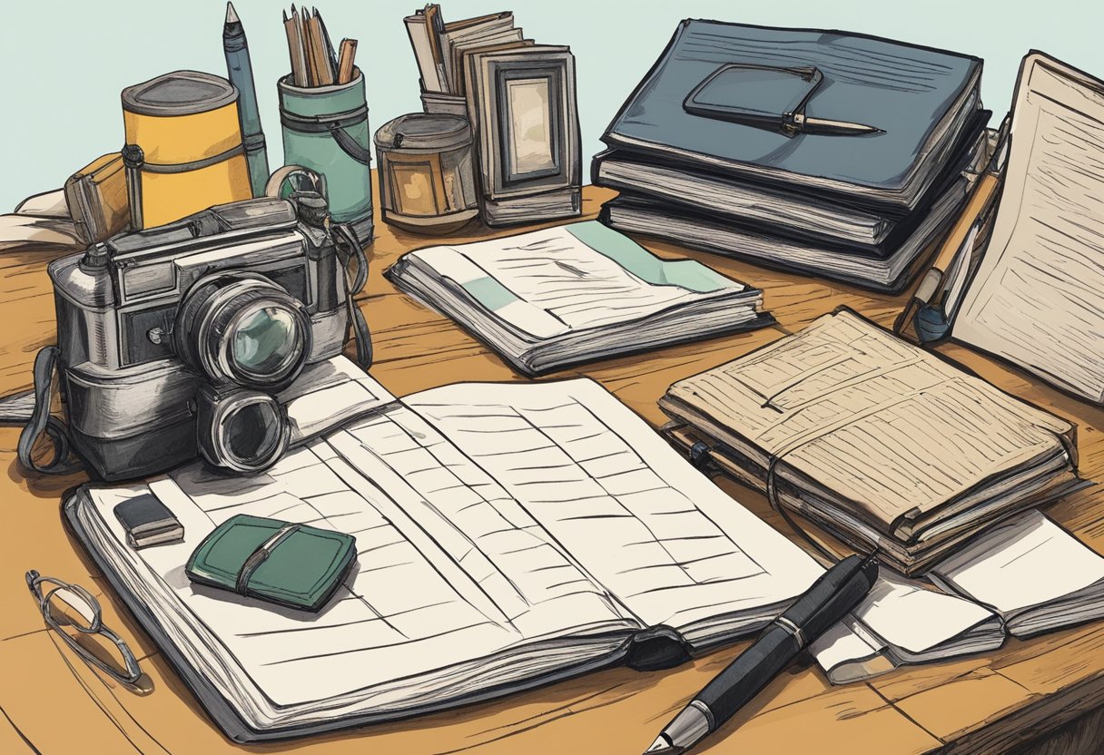 A Desk Cluttered With Old Journals, Photographs, And Souvenirs. A Pen Rests On A Blank Page, Waiting To Capture Memories