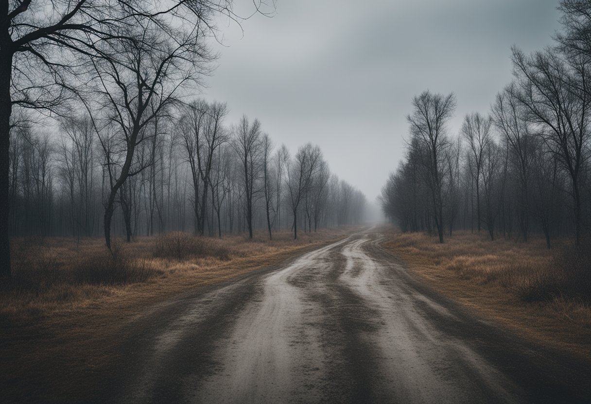 A desolate landscape with barren trees and a cold, gray sky. Abandoned buildings and empty streets convey a sense of emotional emptiness and disconnect in modern Russia