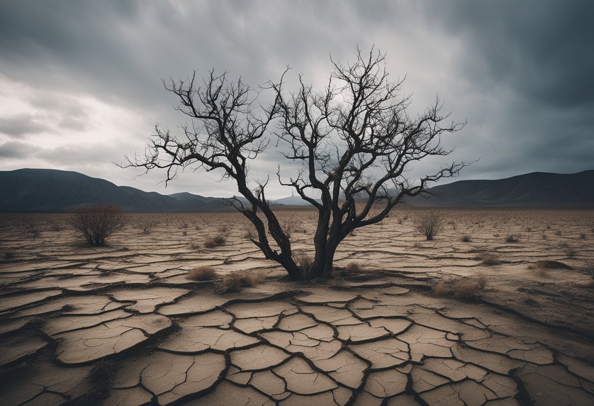 A desolate landscape with barren trees and a dry, cracked earth. The sky is overcast, casting a gloomy pall over the scene