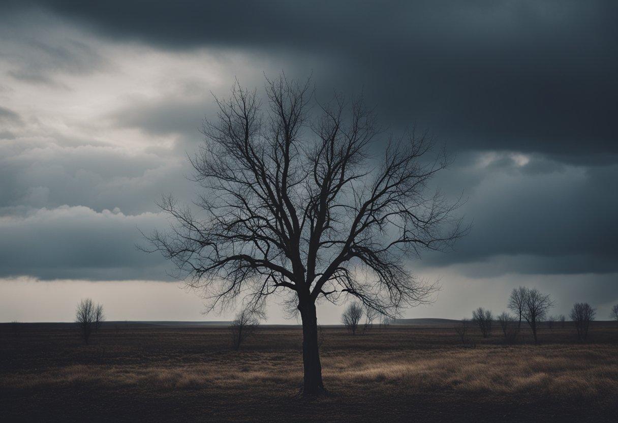 A desolate landscape with barren trees and a dark, brooding sky reflects the emotional drought of modern Russia in "Loveless."