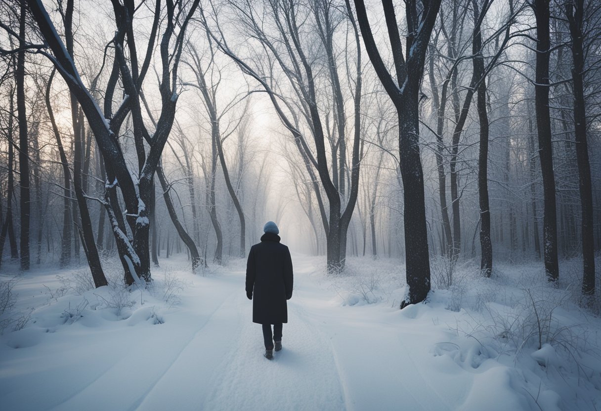 A desolate, snow-covered landscape with a solitary figure walking through the barren, cold terrain, emphasizing the emotional isolation and emptiness of modern Russia