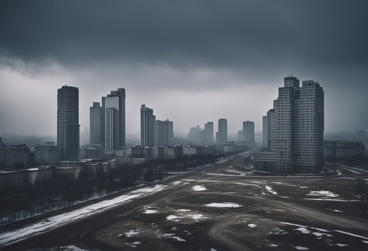 A desolate cityscape with barren streets and cold, gray buildings under a bleak sky, capturing the emotional emptiness of modern Russia