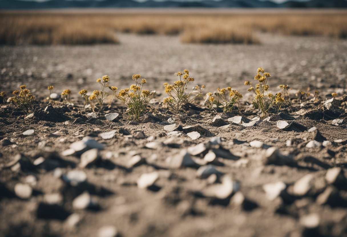 A barren landscape with wilted flowers and dry, cracked earth, symbolizing the emotional drought in modern Russia depicted in Loveless