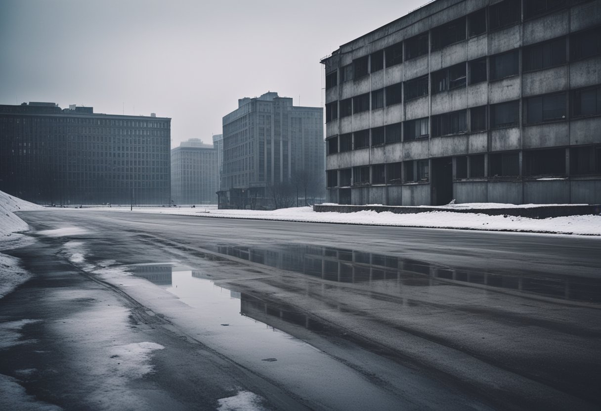 A desolate urban landscape, with cold, concrete buildings and barren streets. Emotionless faces pass by, reflecting the emotional emptiness of modern Russian society