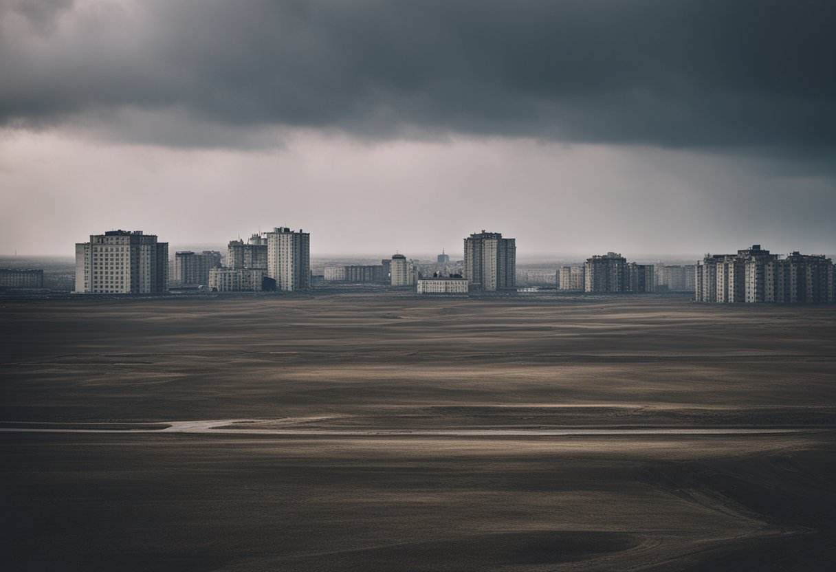 A barren landscape, devoid of emotion. Gray skies loom over desolate buildings, reflecting the emotional drought of modern Russia