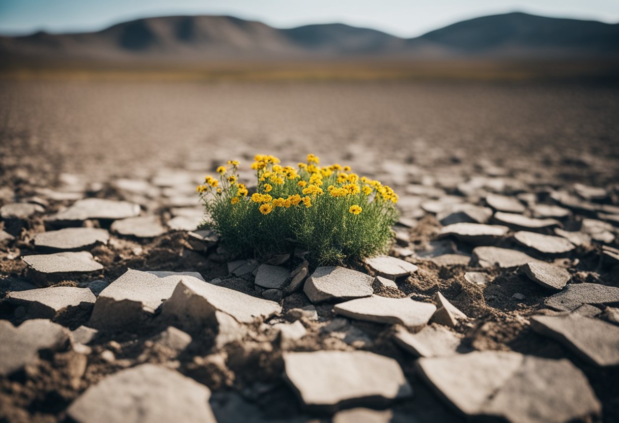 A barren landscape with cracked earth and wilted flowers, symbolizing emotional desolation in modern Russia