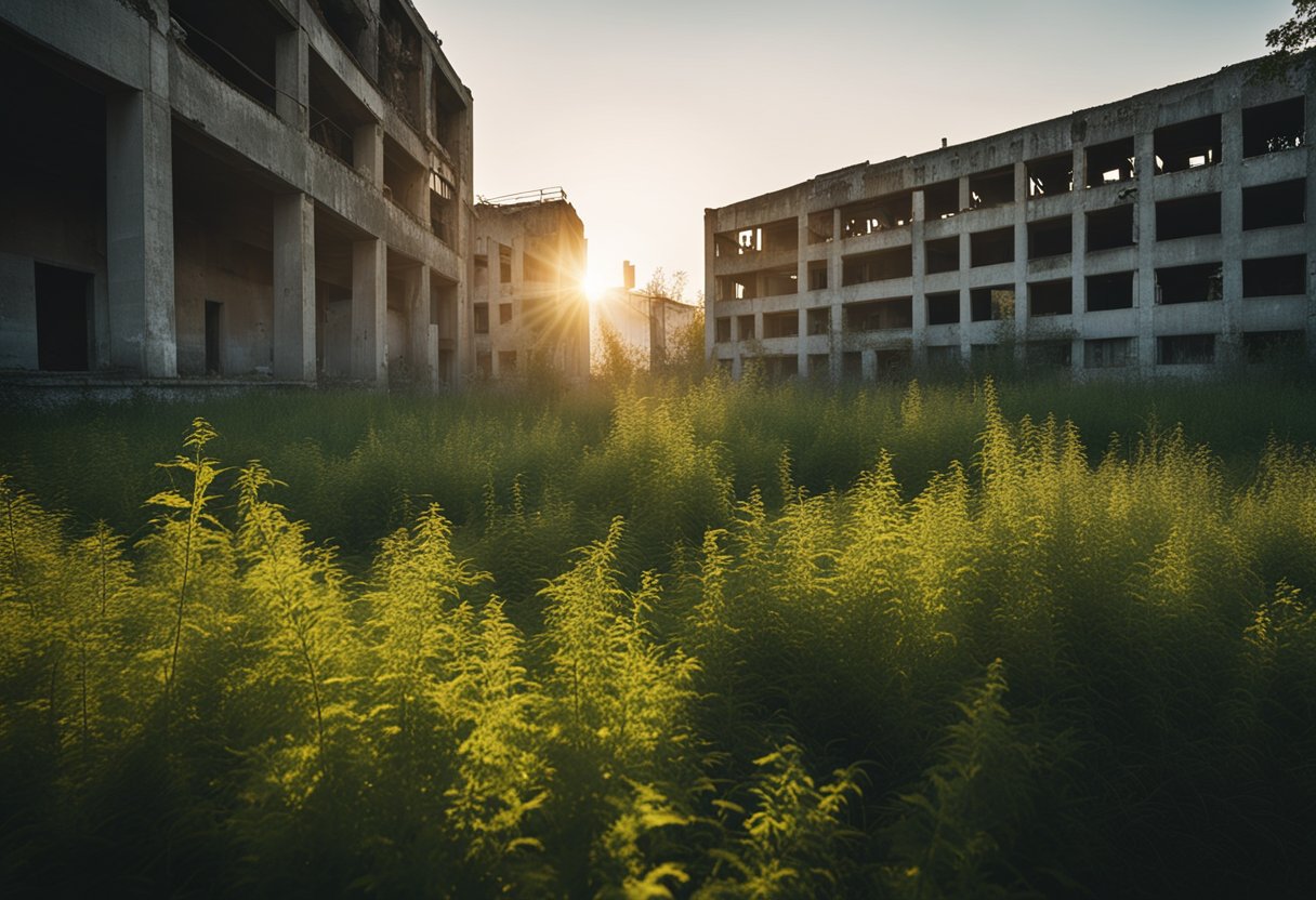 A desolate, abandoned Soviet-era building looms in the background, surrounded by overgrown weeds and broken concrete. The setting sun casts long shadows, adding to the eerie atmosphere